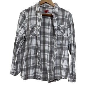 Merona Button Down Snap Plaid Grey and White Flannel Size L